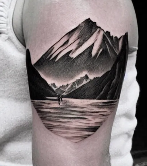 Image similar to creative double exposure effect tattoo design sketch of margot and beautiful mountains and nature, mountain scenery, realism tattoo, in the style of matteo pasqualin, amazing detail, sharp