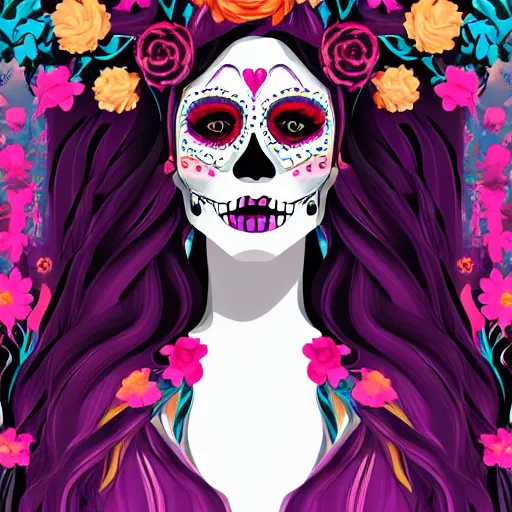 Prompt: a close up portrait beautiful woman, floral headdress, flowers, dia de los muertos makeup, long flowing dark hair in retro colors, synthwave style, 2 d digital vector art