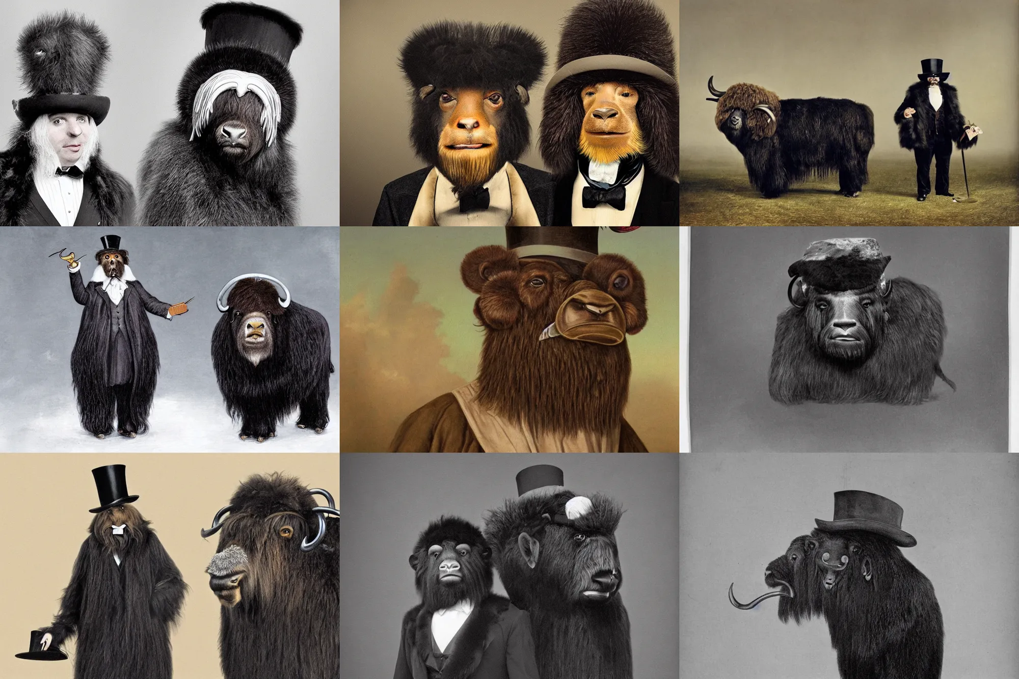 Prompt: portrait photo of an anthropomorphic mutant with the head of a musk ox, wearing a long fur coat and a top hat, hyperrealistic Illustration