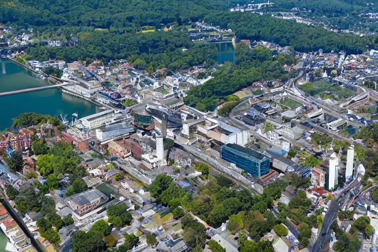 Image similar to bird's eye view photography of a small city. town hall, central farm, monorail station, beach and shipping dock. hills, woods and lake to the north.