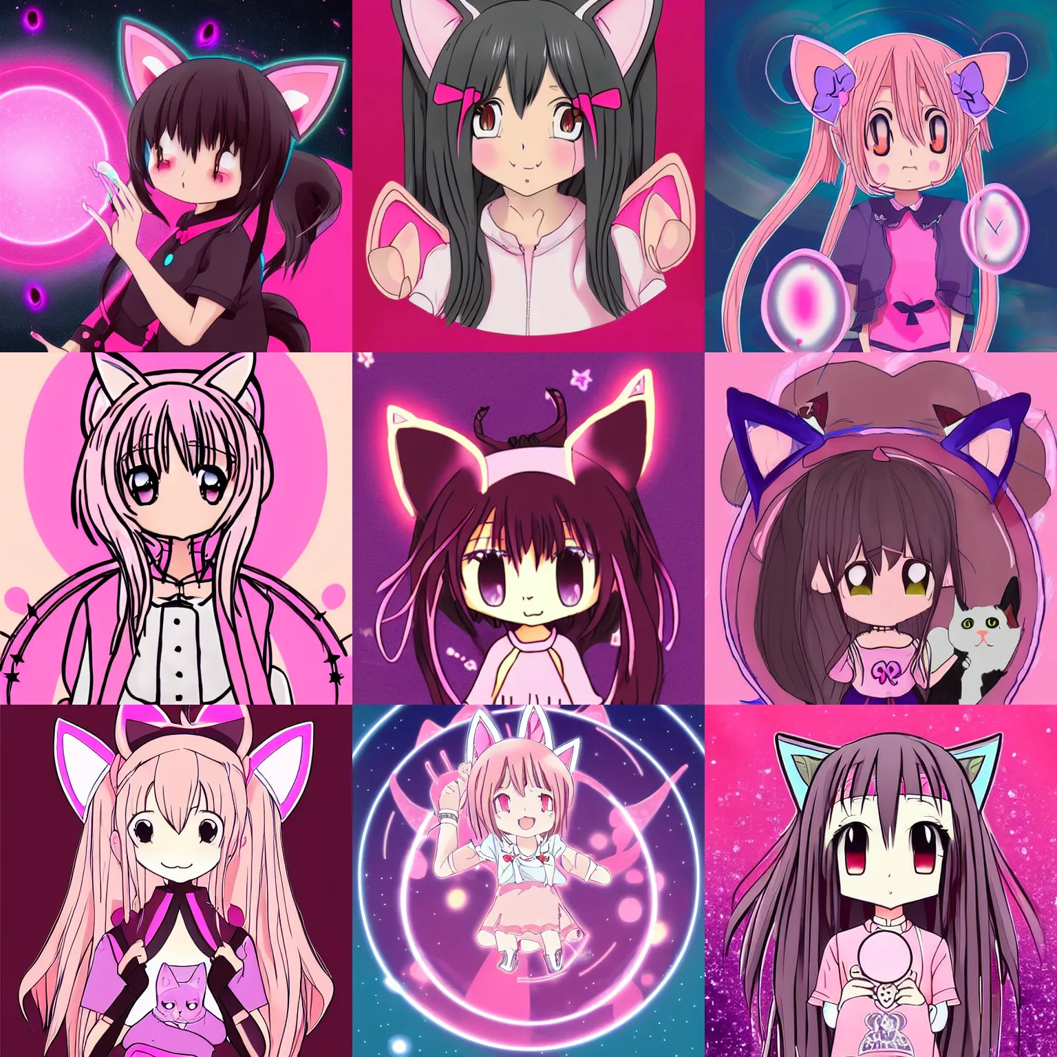 Prompt: card art of anime (cat) girl girl with cat ears drawing magic circles. Pink hue.