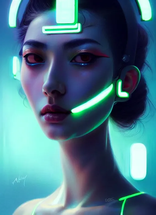 Image similar to photorealistic an oriental female humanoid with heavy freckle cheeks, cyber neon lightings, futurism, cyberpunk high fashion, glamorous profile pose, intricate details, crispy quality, digital photography, trending in artstation, trending in pinterest, no watermark signature, cinematic, 4 k ultra hd, art by artgerm, art by greg rutkowski, art by pascal blanche