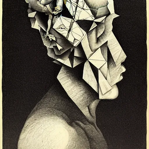 Image similar to lithography on paper conceptual figurative post - morden monumental portrait by goya and escher and hogarth, illusion surreal art, highly conceptual figurative art, intricate detailed illustration, controversial poster art, polish poster art, geometrical drawings, no blur