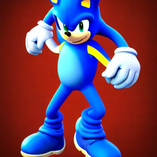 Image similar to a 3 d render of mario wearing a sonic suit, blue spiky hair