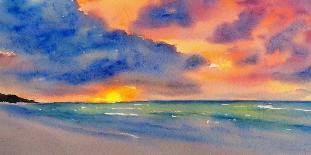 Prompt: tata beach, golden bay new zealand, abel tasman, amazing sunset watercolor painting, trending on artstation