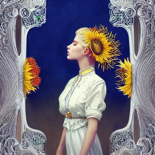 Image similar to blonde lady in white embroidered shirt, ukrainian national costume, filigree crown with blue and yellow textile embroidery sunflowers, intricate, elegant, digital painting, art nouveau, smooth, focus, rim light, charlie bowater, tom bagshaw, greg rutkowski