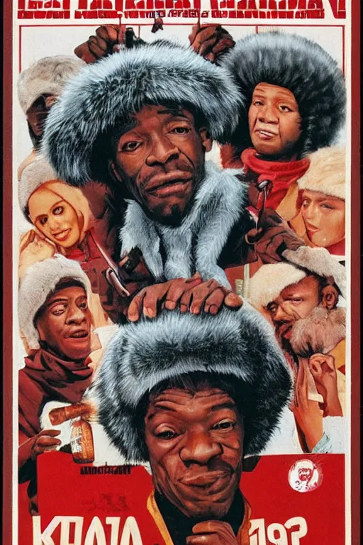 Image similar to poster the movie 1 9 8 8 ussr don't be a menace to south central while drinking your juice in the hood, perfect symmetrical eye, gray fur hat soviet soviet russian winter fur cap with earflaps ushanka, bottle of vodka, bears, kremlin babushka communist criminal