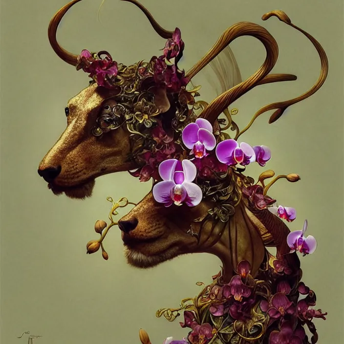 Image similar to animal made of orchid, diffuse lighting, fantasy, intricate, elegant, highly detailed, lifelike, photorealistic, digital painting, artstation, illustration, concept art, smooth, sharp focus, art by John Collier and Albert Aublet and Krenz Cushart and Artem Demura and Alphonse Mucha