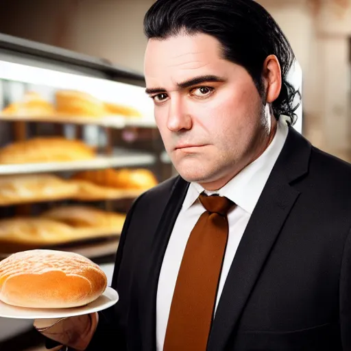 Image similar to Close up portrait of a clean-shaven chubby man with long black hair wearing a brown suit and necktie with a bakery in the background. Photorealistic. Award winning. Dramatic lighting. Intricate details. UHD 8K. He looks guilty and is giving puppy dog eyes.