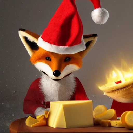 Image similar to A Detailed Award Winning Masterpiece, trending on artstation, 4k, of a fox wearing a santa hat, eating a cheese platter