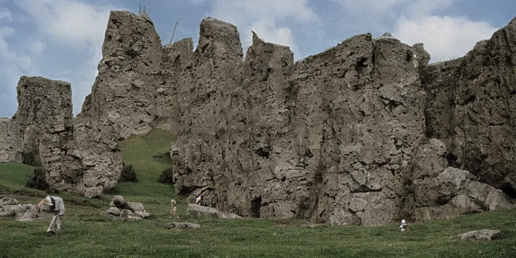 Prompt: A full color still from a Stanley Kubrick film featuring a a large black tower made of stone in a green valley, 35mm, 1975