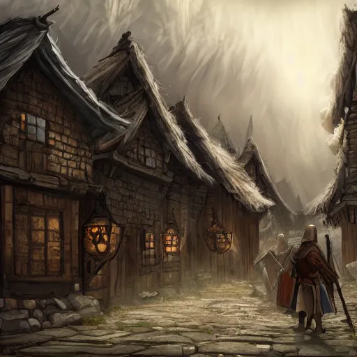 Prompt: villagers going about their day, medieval fantasy inspired, concept art, wide shot, cloudy, detailed, intricate, dynamic lighting, high resolution, village, shops, streets