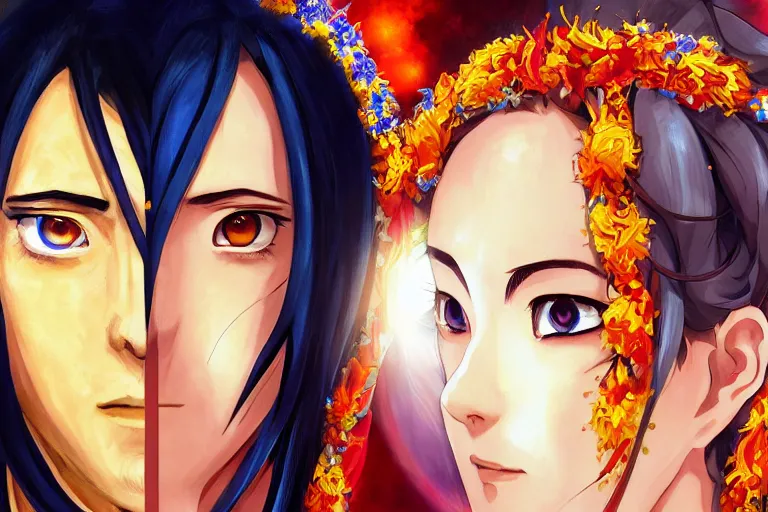 Image similar to a cinematic portrait of wedding photograph jpeg close up moment of a divine a japan sun god and moon goddess lovers magician at a wedding banquet. portraiture. digital painting. artstation. concept art. wedding photo. digital painting. naruto the movie art masterpiece by art by krenz cushart