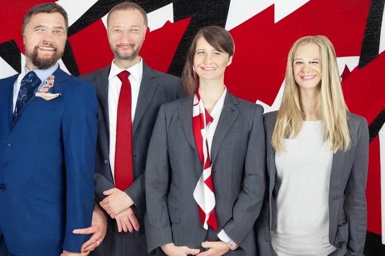 Image similar to full body portrait of a 3 5 year old man standing with his arms around his two girlfriends, one on either side, infront of a line of canadian flags. everyone is wearing formal business attire. atmosphere is serious, dignified, traditional. official government portrait. oil painting, very realistic, 2 1 st century