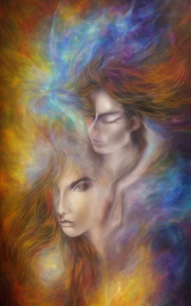 Image similar to iridescent spirit of desire and fear cruel beautiful spirit (androgynous) with golden eyes lunar mythos ambient fog, award winning oil painting, lunar color palette