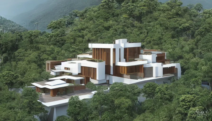 Image similar to residential villa inspired by tibetan architecture, on city, overlooking a valley with trees, frank lloyd wright, zaha hadid, le corbeusier, photorealistic, birds eye view