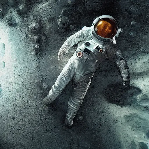 Prompt: concept art by craig mullins astronaut in futuristic dark and empty spaceship underwater. infrared complex and hyperdetailed technical suit. mandelbulb fractal. reflection and dispersion materials. rays and dispersion of light. volumetric light. 5 0 mm, f / 3 2. noise film photo. flash photography. interstellar movie art