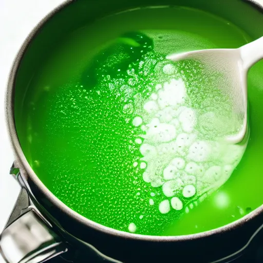 Prompt: brewing violent bubbling green fluid soup, green steam rising from soup