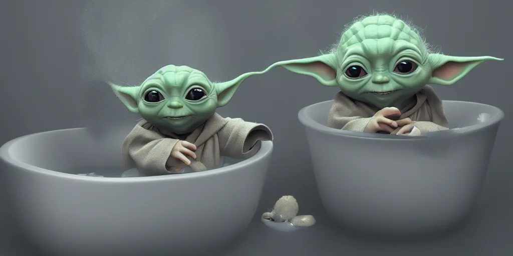 Image similar to Baby Yoda sitting in a tub taking a bubble bath, hyperdetailed, artstation, cgsociety, 8k