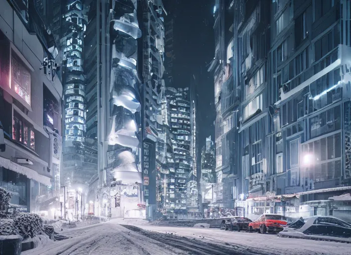 Image similar to a city street covered with snow, winter, dusk, futuristic city, robots populate the street, futuristic cars, extremely detailed, sharp focus, rule of thirds, award winning photography. photo by victor enrich, liam wong.