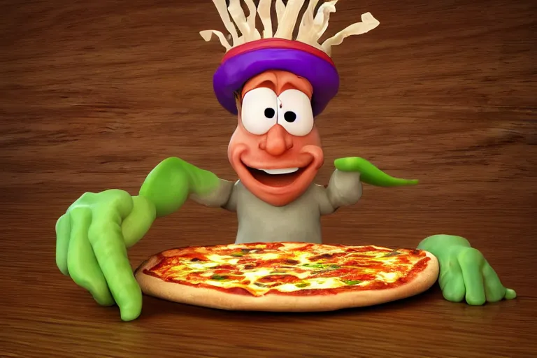 Image similar to cabbage character with pizza peel, royal walruss king wearing a crown, cooking pizza in a wood fired oven, highly detailed 3 d render, funny, surrealism, pixar