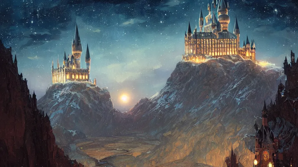 Prompt: a beautiful painting of the view from the train of hogwarts castle at night, with a sky full of stars, low, dramatic camera angle, intricate, elegant, highly detailed, digital painting, artstation, concept art, by krenz cushart and artem demura and alphonse mucha