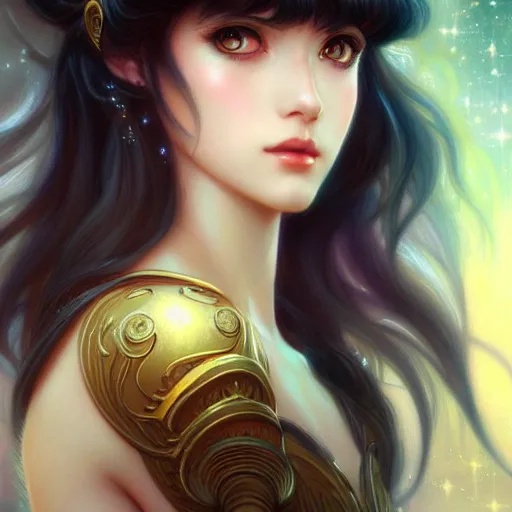 Image similar to a beautiful girl with long dark hair and bangs, sailor moon aesthetic, fantasy, intricate, elegant, highly detailed, digital painting, artstation, concept art, matte, sharp focus, illustration, art by Artgerm and Greg Rutkowski and Alphonse Mucha