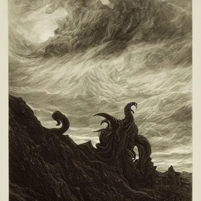 Prompt: an engraving portrait of cthulhu, caspar david friedrich, foggy, depth, strong shadows, stormclouds, illuminated focal point, highly detailed