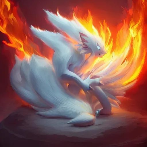 Image similar to pokemon ninetails of fire, artstation greg rutkowski, cinematic, hyperrealist, digital art