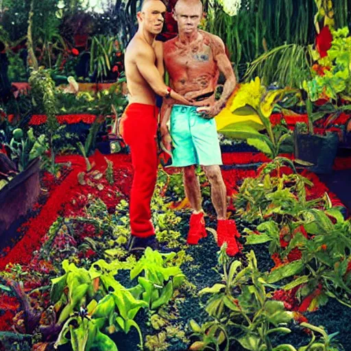 Prompt: A brightly coloured photo of Anthony Kiedis and Flea in a Chili-Pepper garden, 8k, warm dramatic lighting