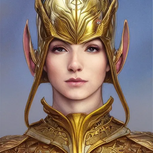 Prompt: portrait of an elven warrior, fantasy, gold armour, gold helmet, trending on artstation, gsociety, D&D, elegant, highly detailed, digital painting, smooth, sharp focus, upper body, intricate, by greg rutkowski, Alphonse Mucha, Ayami Kojima, Charlie Bowater, Karol Bak, Greg Hildebrandt