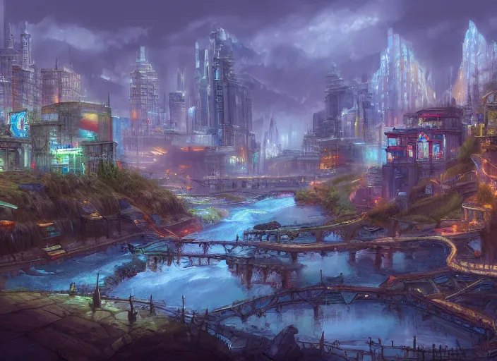 Image similar to wide shot, establishing shot of a modern day dungeons and dragons city with a river, trending on artstation, digital art, 4 k, 8 k