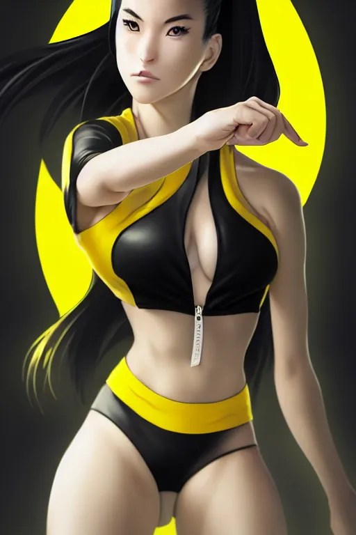 Image similar to black ponytail hair, pale woman in a black unzipped jacket and yellow bikini, yellow eyes, by artgerm, black backdrop, masterpiece, beautiful render, matte painting, realistic, fighting pose, dynamic angle, beautiful face, young half asian woman, by greg rutkowski makoto shinkai takashi takeuchi