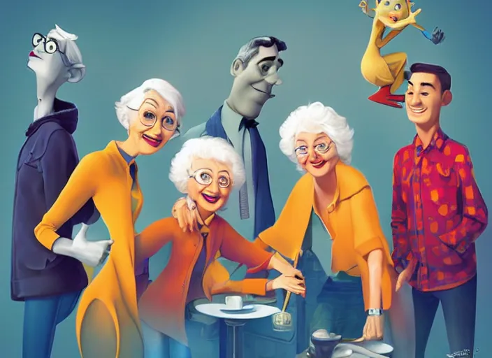 Image similar to pixar cartoon character of bea arthur being happy with her friends from the golden girls. style by petros afshar, christopher balaskas, goro fujita, and rolf armstrong.