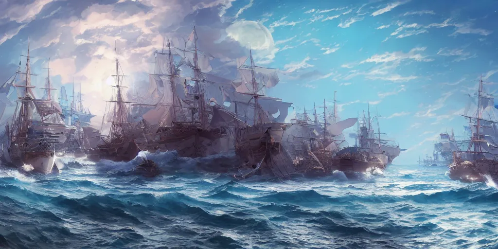 Prompt: an armada of 1 8 th century carracks and galleons, clear skies, angry sea, moon, milky way, stars, soft, by wlop, makoto shinkai, artgerm, artstation, ayami kojima, 1 6 k, wide angle