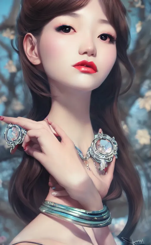 Image similar to a pin up and beautiful fashion charming dreamlke korea girl with lv jewelry, character art, art by artgerm lau and kyoung hwan kim and and ilya kuvshinov and john singer sargent, hyperdetailed, 8 k realistic, symmetrical, frostbite 3 engine, cryengine, dof, trending on artstation, digital art