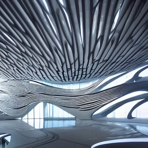 Prompt: stunning beautiful futuristic museum interior by Zaha Hadid, dragonfly wings pattern