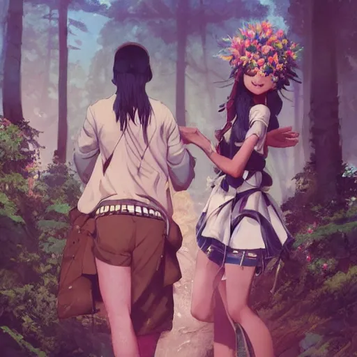 Prompt: a cinematic boy girl traditional romance moment of a group of BLACK university friends dressed as different animals hiking wearing boho clothing and peonies, full body illustration,bestselling movie art poster, official media, 1970s fashion, official anime media, incredible art by artgerm and greg rutkowski and doja cat