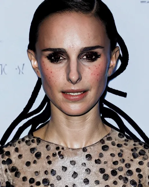 Prompt: nathalie portman at the new york fashion week, wearing an outfit made of nickelodeon slime, black hair, freckles, pale skin, photo by greg rutkowski, harsh shadows, bright lighting, female beauty, intricate detail, elegance, sharp shapes, masterpiece