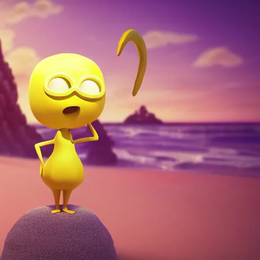 Image similar to 3 d octane render, of a hot anthropomorphic lemon female character inspired by cartoon adventure time, with lemon skin texture, she is wearing a hat, building a sandcastle on the beach at sunset, beach, huge waves, sun, clouds, long violet and green trees, rim light, cinematic photography, professional, sand, sandcastle, volumetric lightening