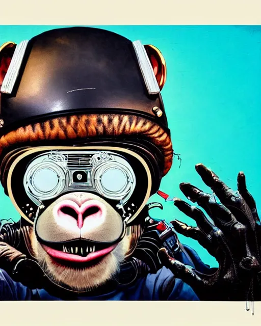 Prompt: a portrait of an anthropomorphic cyberpunk monkey in a leather helmet shredding an electric guitar by sandra chevrier, by jon foster, detailed render, tape deck, epic composition, cybernetics, 4 k realistic, cryengine, realistic shaded lighting, sharp focus, masterpiece, by enki bilal