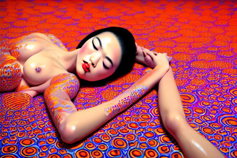 Image similar to realistic detailed image of a geisha laying down in a padded room, conjuring psychedelic background, part by yayoi kusama, part by ross tran, part by james jean, ultra realistic, highly detailed, life like face, detailed body, 8 k, octane render, trending on artstation, very cohesive, masterpiece