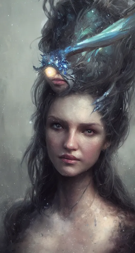 Image similar to A head and shoulders portrait of an attractive fairy by Greg Rutkowski, Sung Choi, Mitchell Mohrhauser, Maciej Kuciara, Johnson Ting, Maxim Verehin, Peter Konig, Bloodborne, 8k photorealistic, cinematic lighting, HD, high details, dramatic, dark atmosphere, trending on artstation