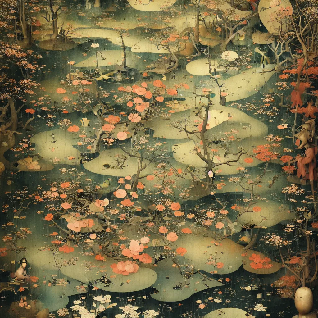 Image similar to Japanese Garden by Hieronymus Bosch and James Jean, Ross Tran, hypermaximalist, surreal oil painting, highly detailed, dream like, masterpiece