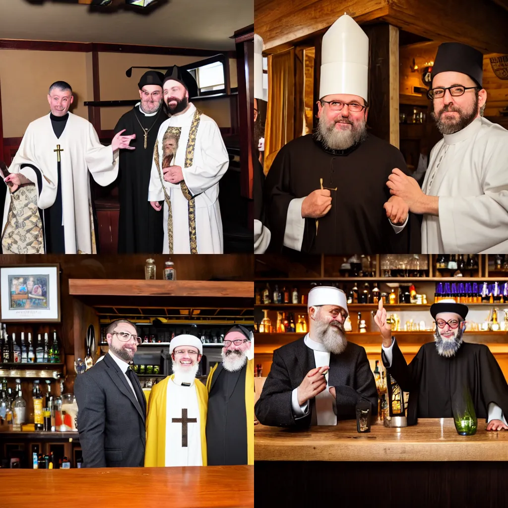 Prompt: a priest and a rabbi and a rabbit walks into a bar 4K photo