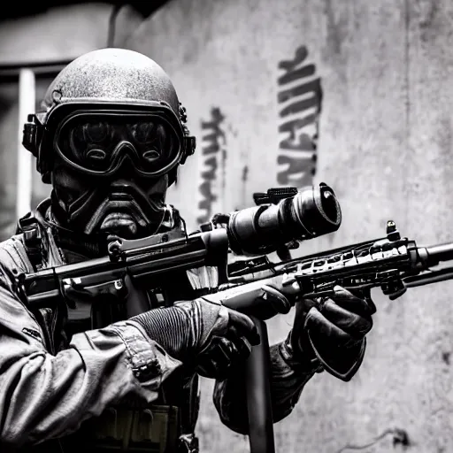 Image similar to portrait of a burning head swat agent with a tactical helmet and goggles holding a machine gun, centered, at night, mid shot, editorial photography