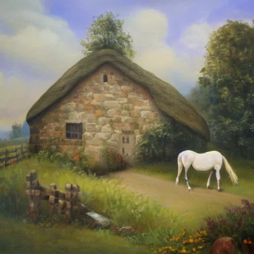 Image similar to A very very very very very very very very very very very very very very very very very very very very beautiful painting of a horse next to a cottage