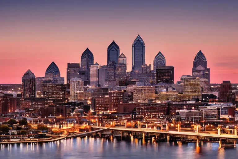 Prompt: the philadelphia skyline at dusk, dramatic, epic, cinematic