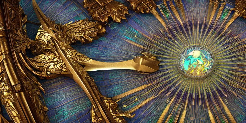 Image similar to beautiful physical hyper detailed render of a huge mega divine sword, symmetric, the style of louis comfort tiffany, pascal blanche, zigor samaniego, paul pepera, ellen jewett, weapon design, perfect shadow, mechanics, feather, wing, exquisite, gradient, structure, c 4 d, 3 d render, unreal engines, atmospheric lighting, 4 k hd