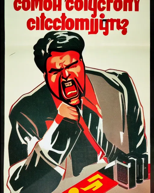 Image similar to soviet propaganda poster of an angry communist developer yelling at his computer